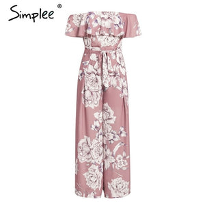 Simplee Bohemian floral print women jumpsuit Elegant off shoulder sashes ladies long jumpsuit Summer ruffled female playsuit