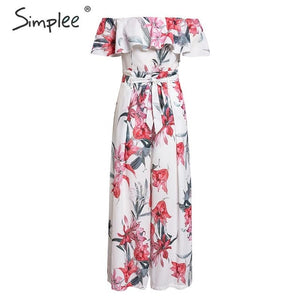 Simplee Bohemian floral print women jumpsuit Elegant off shoulder sashes ladies long jumpsuit Summer ruffled female playsuit